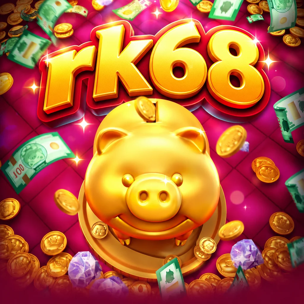 rk68 menampilkan celengan babi emas bertabur koin dan uang kertas di game Lucky Piggy
